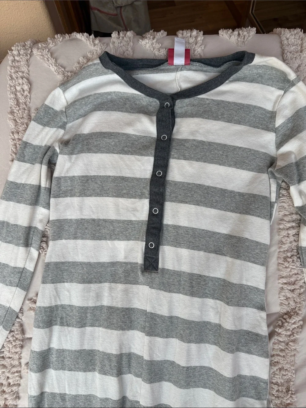 Juniors Gray and White Striped One-Piece Pajamas